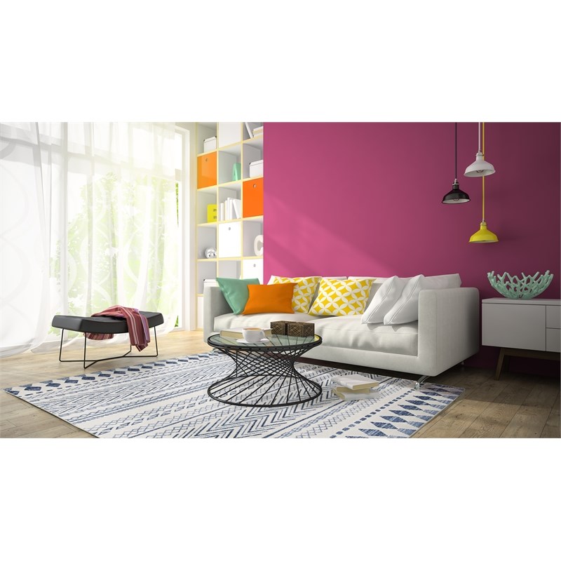 Linon Indoor Outdoor Machine Washable Skip Area 7'x9' Rug in Ivory and Blue