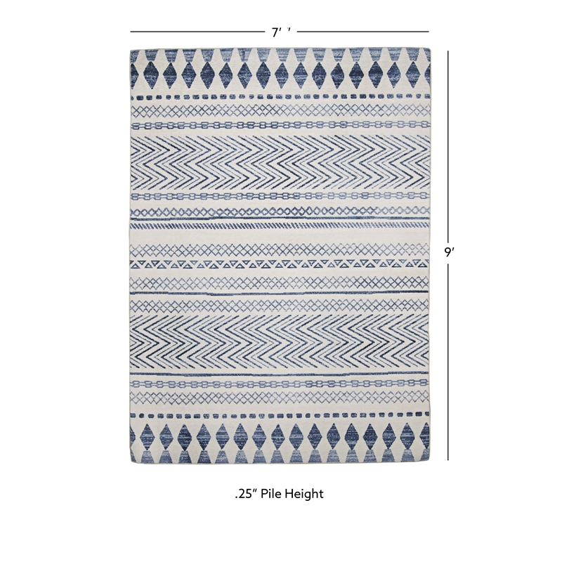 Linon Indoor Outdoor Machine Washable Skip Area 7'x9' Rug in Ivory and Blue