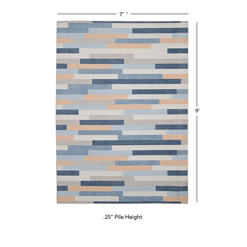 Linon Indoor Outdoor Machine Washable Bali Area 7'x9' Rug in Ivory and Blue