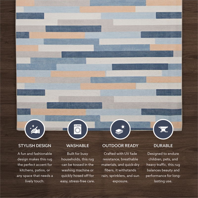 Linon Indoor Outdoor Machine Washable Bali Area 7'x9' Rug in Ivory and Blue