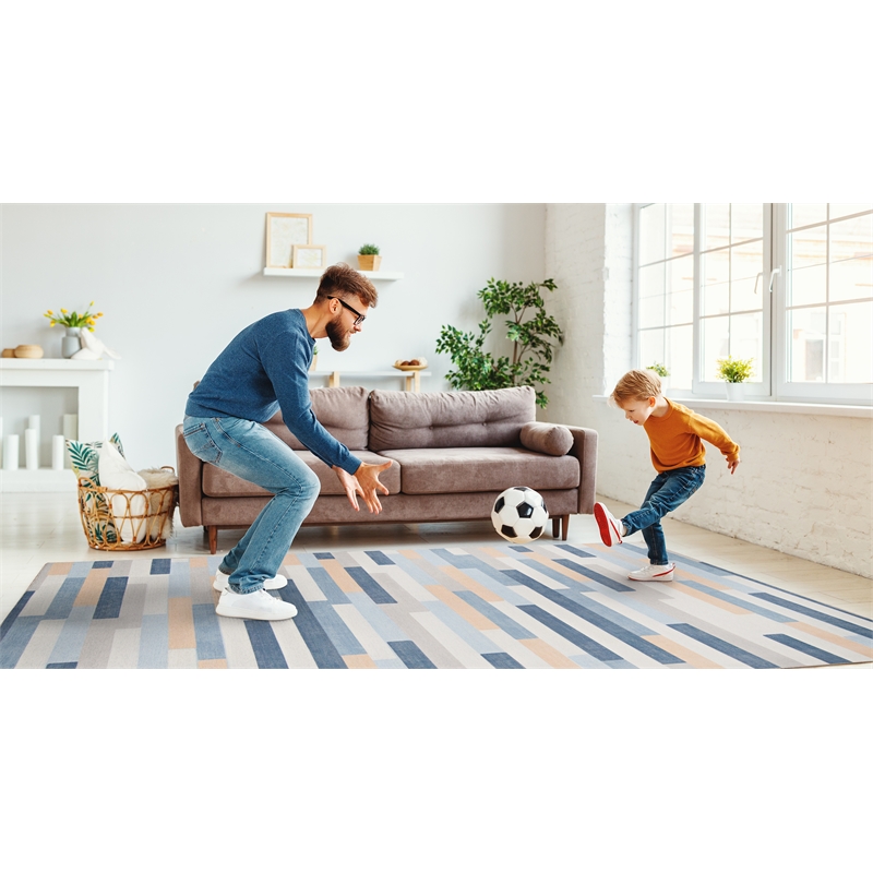 Linon Indoor Outdoor Machine Washable Bali Area 7'x9' Rug in Ivory and Blue