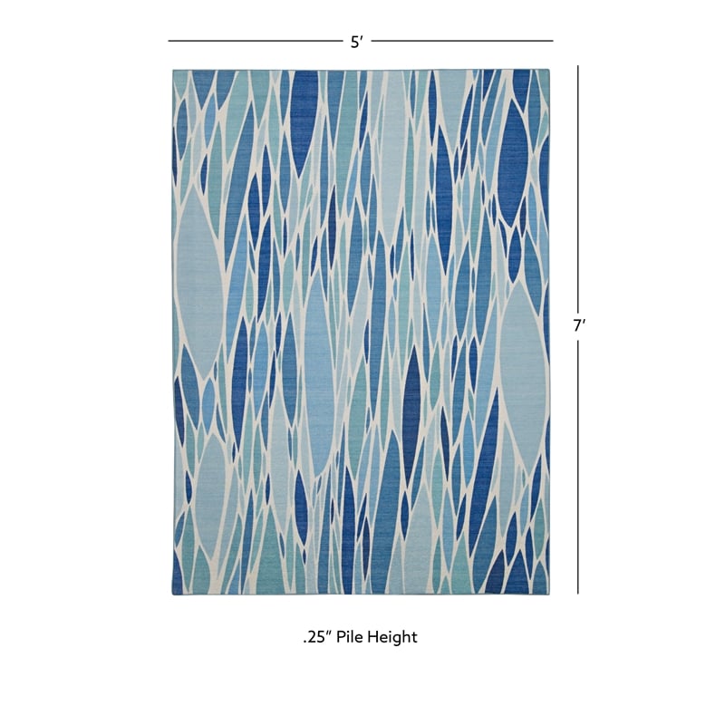 Linon Indoor Outdoor Machine Washable Kai Area 5'x7' Rug in Blue and Ivory