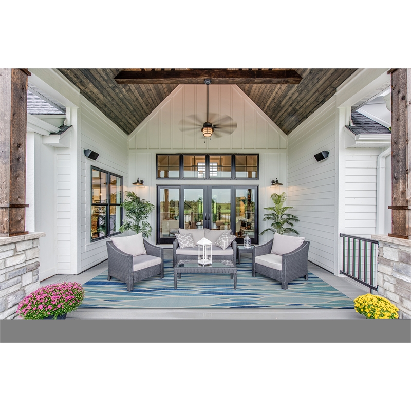 Linon Indoor Outdoor Machine Washable Kai Area 7'x9' Rug in Blue and Ivory