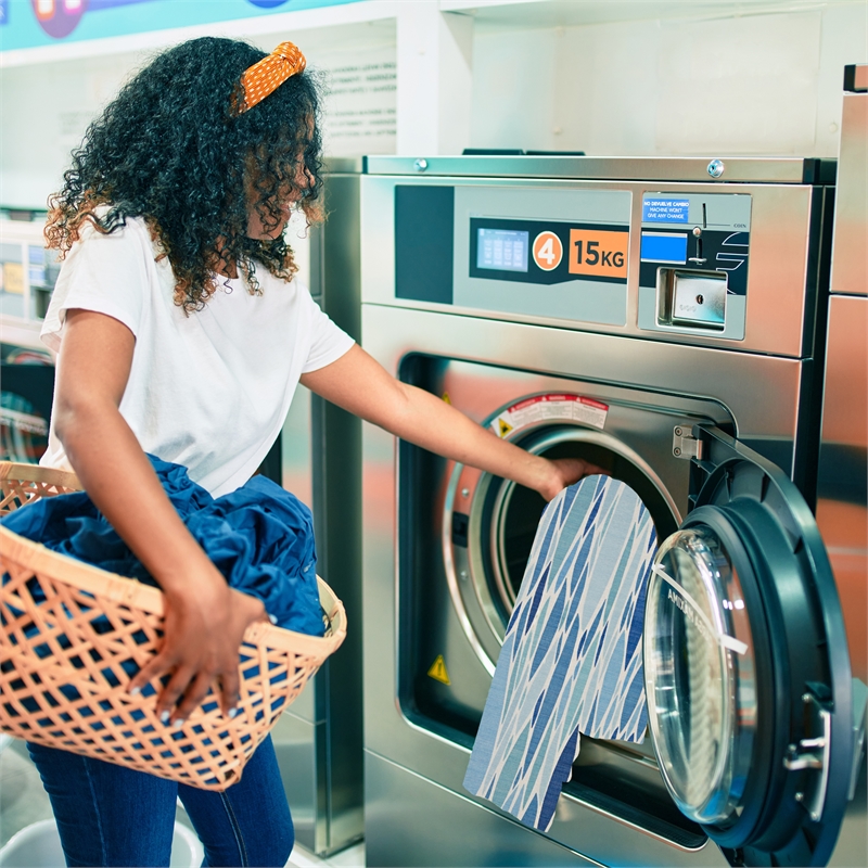 Linon Indoor Outdoor Machine Washable Kai Area 7'x9' Rug in Blue and Ivory