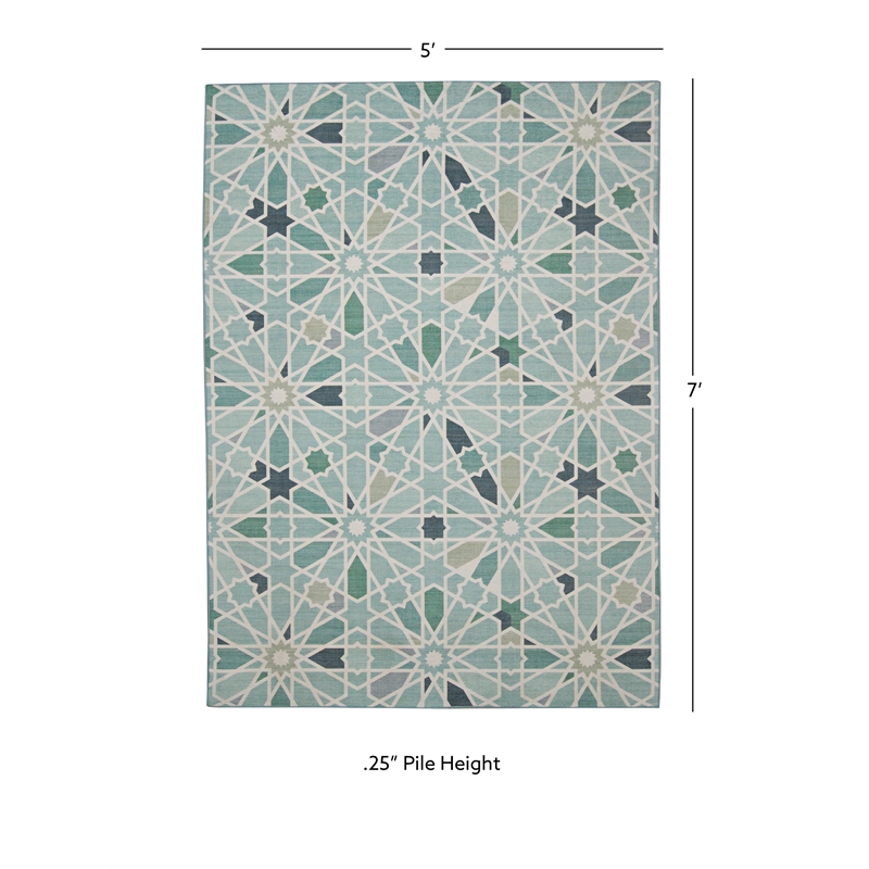 Linon Indoor Outdoor Machine Washable Baffin Area 5'x7' Rug in Green and Ivory