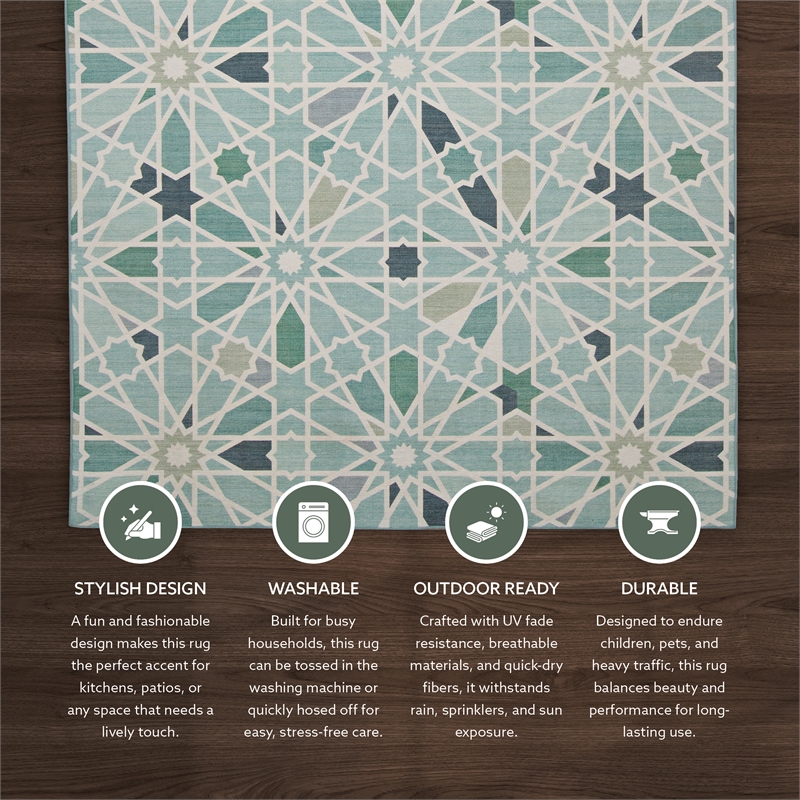 Linon Indoor Outdoor Machine Washable Baffin Area 5'x7' Rug in Green and Ivory