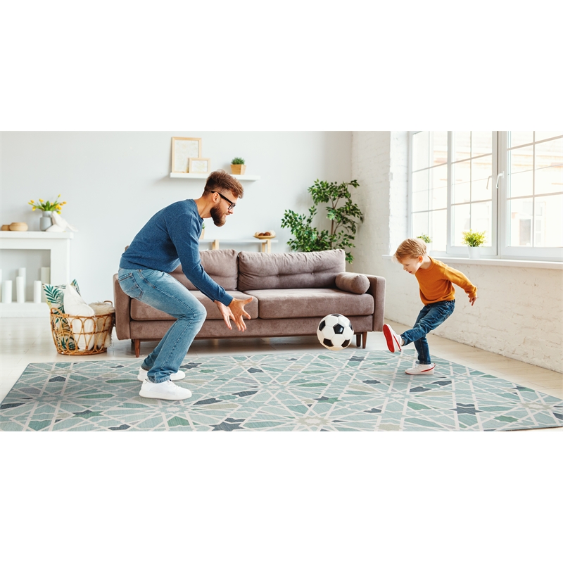 Linon Indoor Outdoor Machine Washable Baffin Area 7'x9' Rug in Green and Ivory