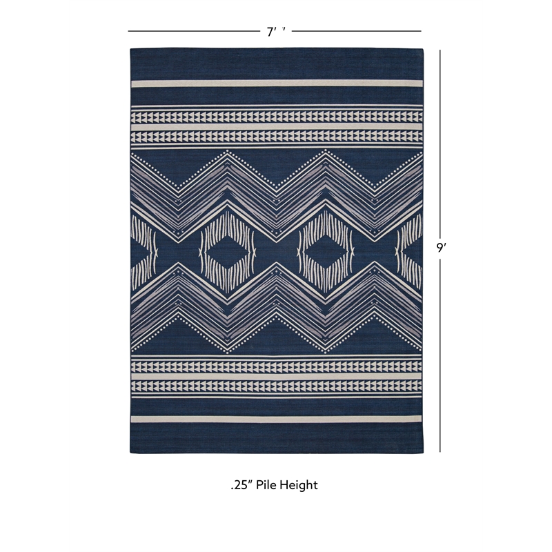 Linon Indoor Outdoor Machine Washable Danton Area 7'x9' Rug in Navy and Ivory