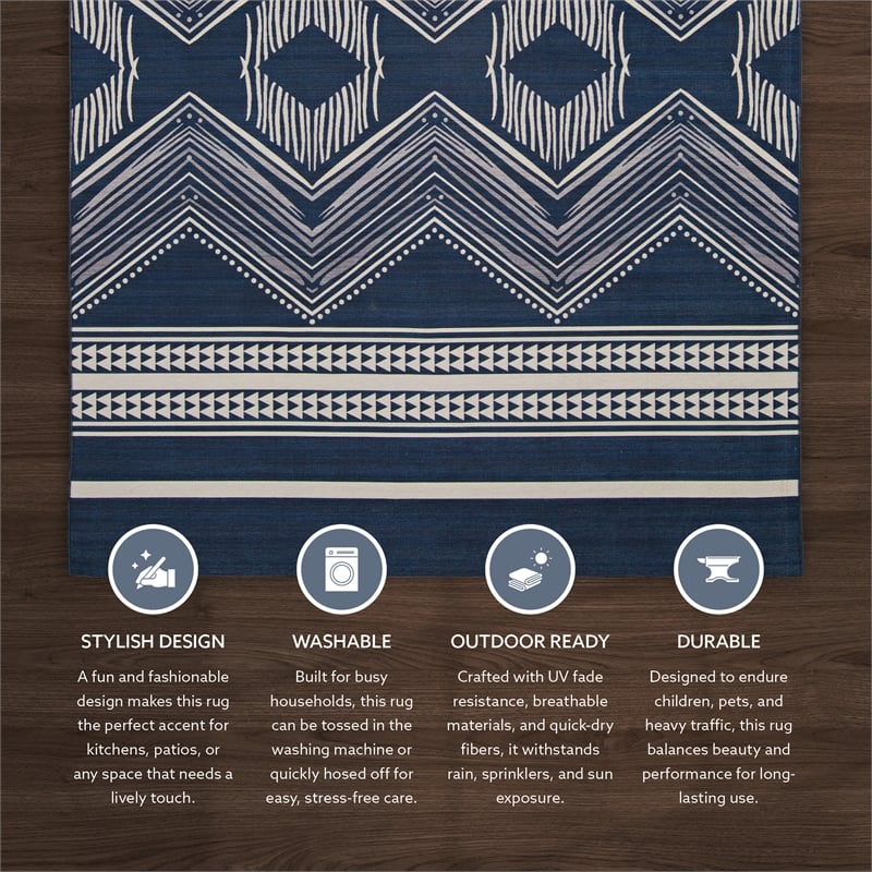 Linon Indoor Outdoor Machine Washable Danton Area 7'x9' Rug in Navy and Ivory
