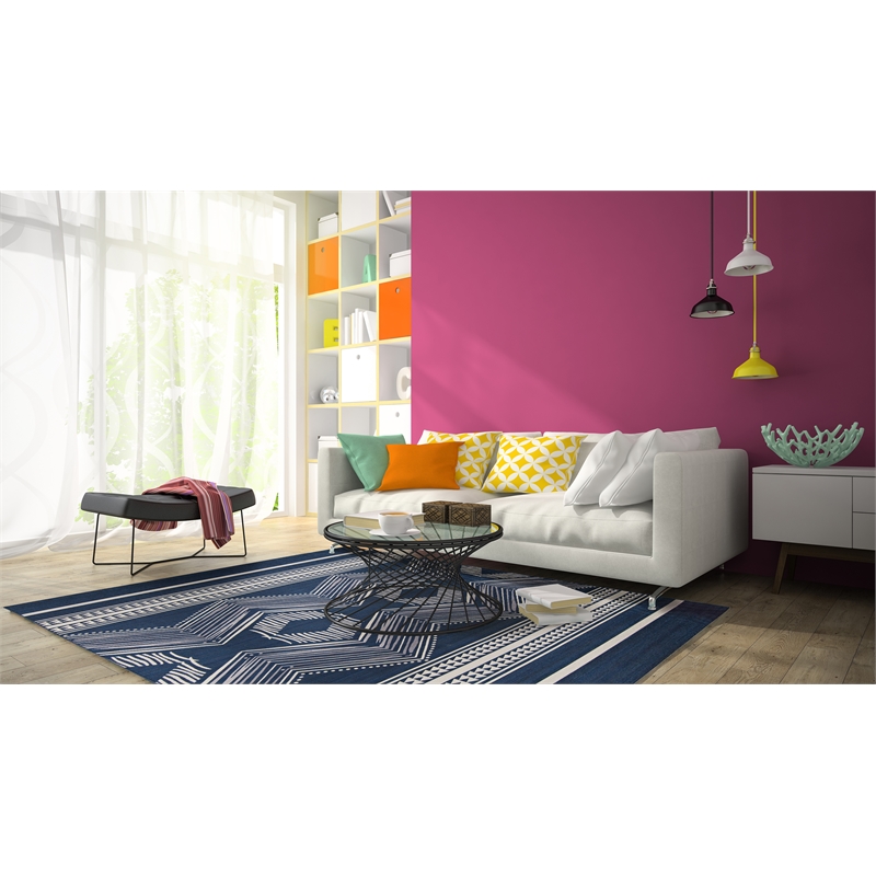 Linon Indoor Outdoor Machine Washable Danton Area 7'x9' Rug in Navy and Ivory