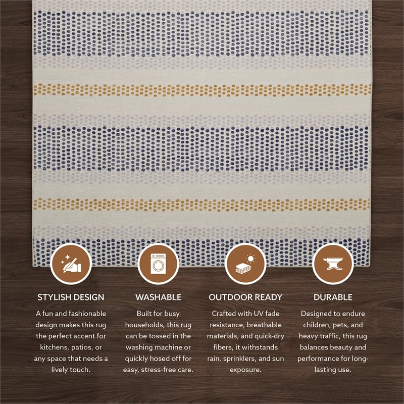 Linon Indoor Outdoor Machine Washable Alfie Area 7'x9' Rug in Ivory and Blue