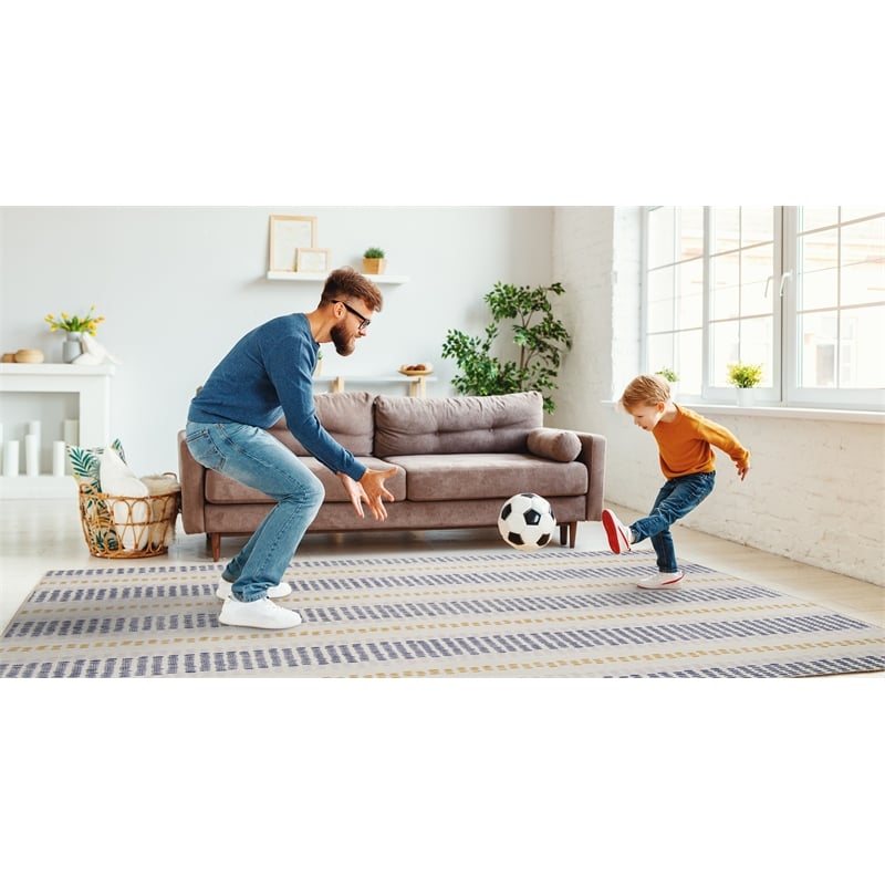 Linon Indoor Outdoor Machine Washable Alfie Area 7'x9' Rug in Ivory and Blue