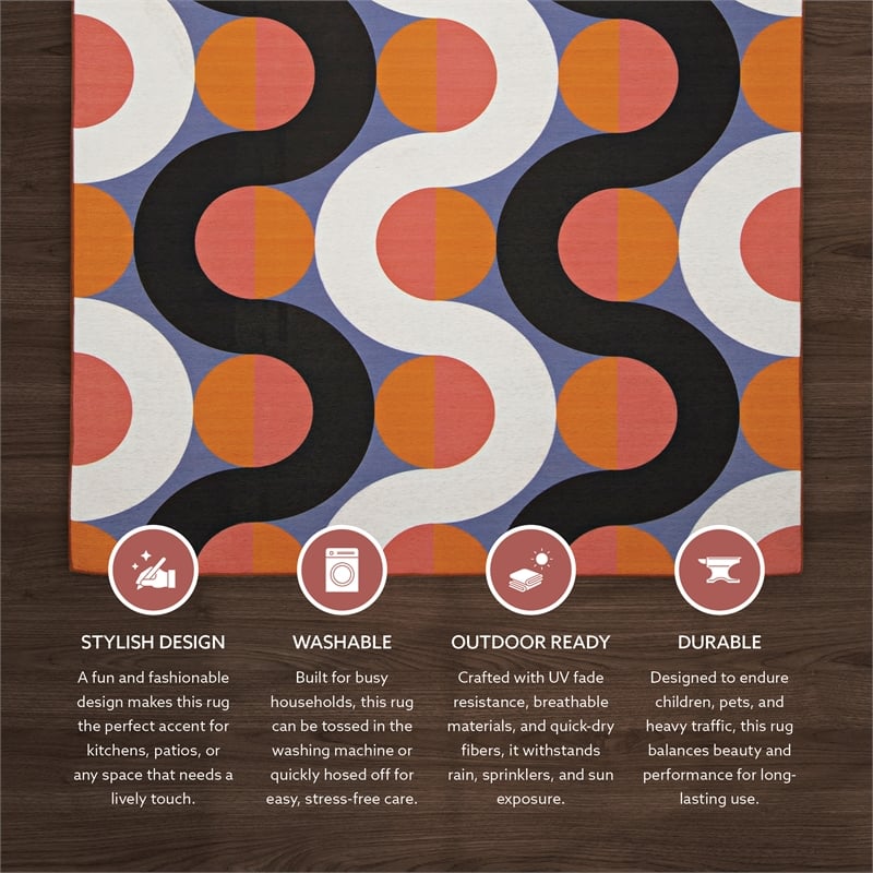 Linon Indoor Outdoor Machine Washable Adira Area 7'x9' Rug in Orange and Pink