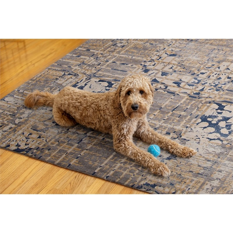 Linon Indoor Outdoor Machine Washable Anthia Area 7'x9' Rug in Navy and Sand