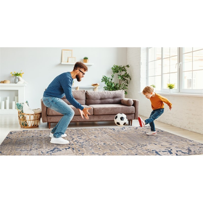 Linon Indoor Outdoor Machine Washable Anthia Area 7'x9' Rug in Navy and Sand