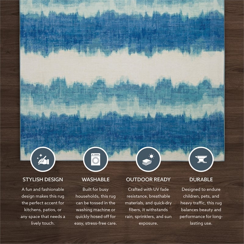 Linon Indoor Outdoor Machine Washable Beck Area 7'x9' Rug in Ivory and Blue