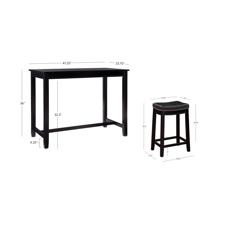 Linon Claridge Wood Three Piece Counter Dining Set Faux Leather Seats in Black