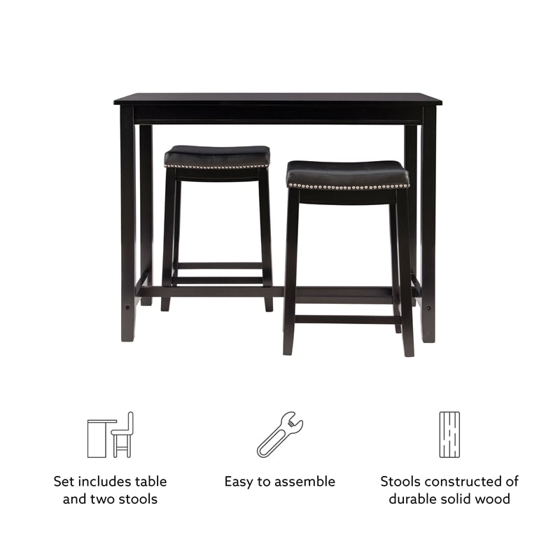 Linon Claridge Wood Three Piece Counter Dining Set Faux Leather Seats in Black