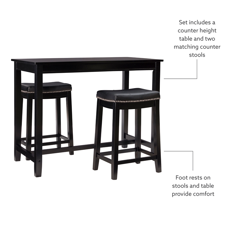 Linon Claridge Wood Three Piece Counter Dining Set Faux Leather Seats in Black