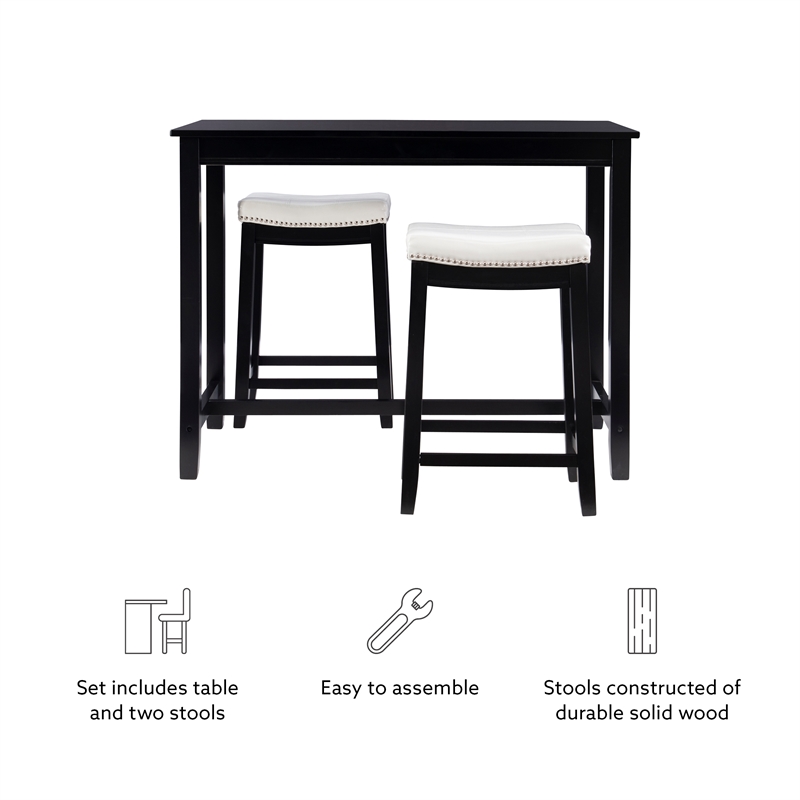 Linon Claridge 3 Pce Counter Dining Set White Faux Leather Seats in Black Wood