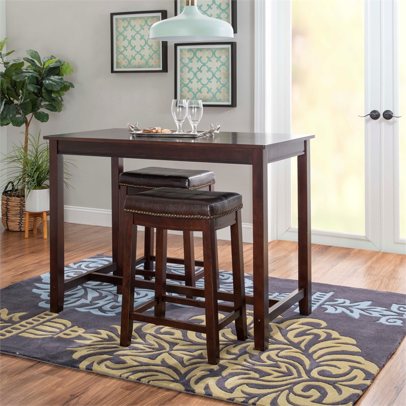Linon Claridge Three Piece Counter Dining Set Faux Leather Seats in Brown Wood