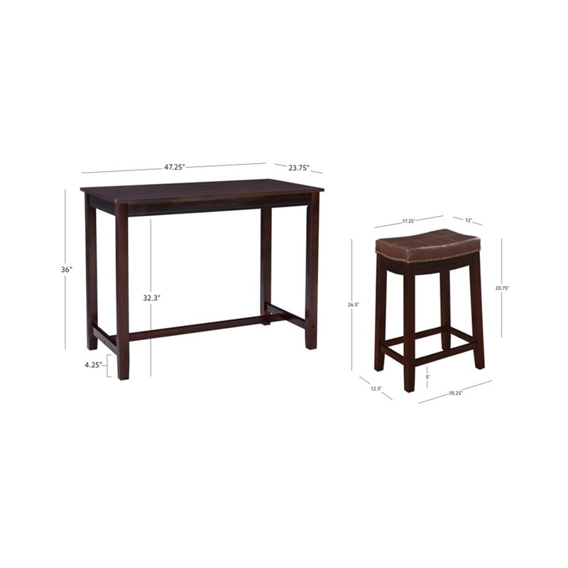 Linon Claridge Three Piece Counter Dining Set Faux Leather Seats in Brown Wood