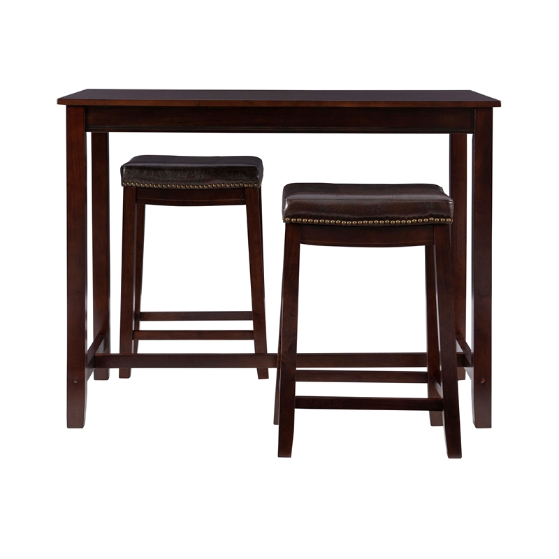 Linon Claridge Three Piece Counter Dining Set Faux Leather Seats in Brown Wood