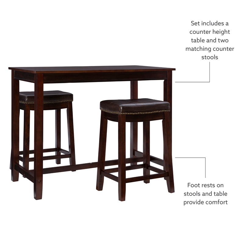 Linon Claridge Three Piece Counter Dining Set Faux Leather Seats in Brown Wood