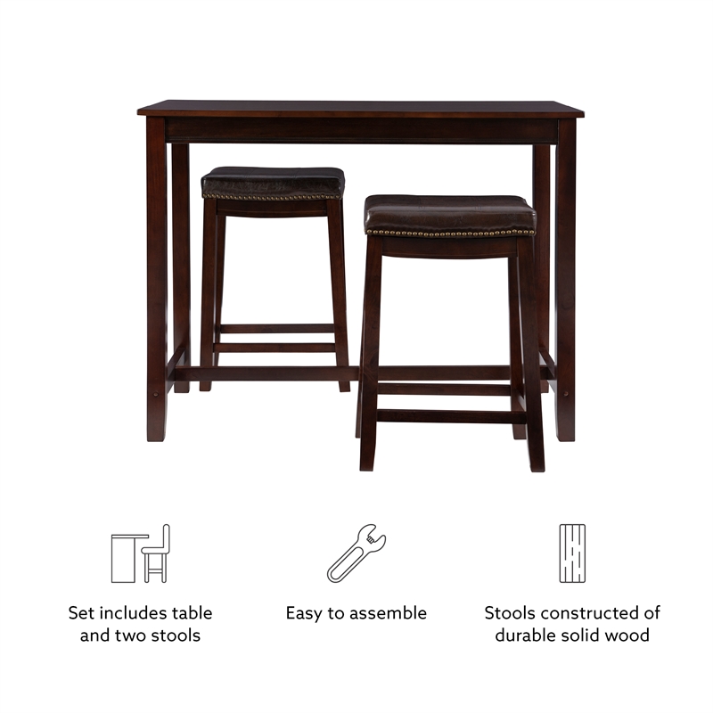Linon Claridge Three Piece Counter Dining Set Faux Leather Seats in Brown Wood