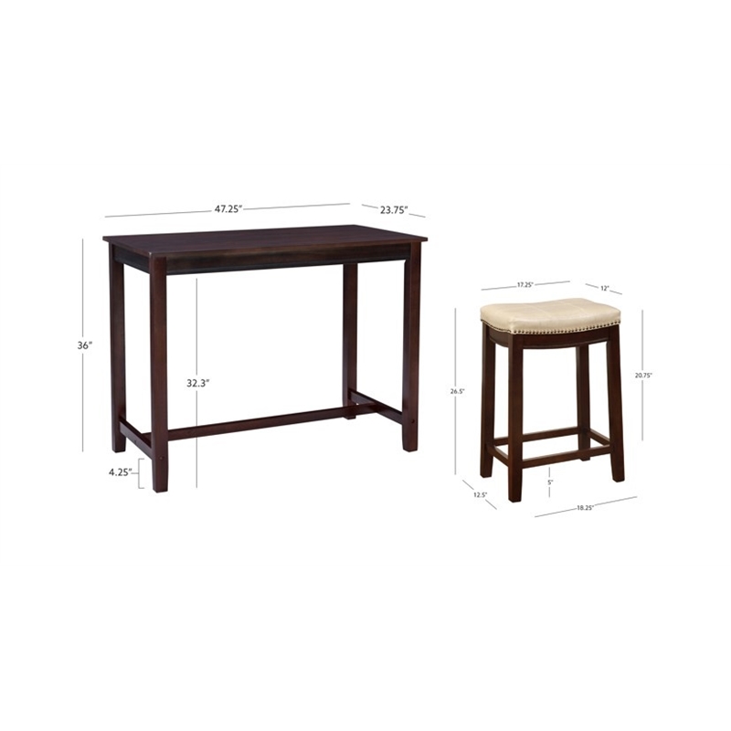 Linon Claridge Wood 3 Piece Counter Dining Set Beige Faux Leather Seats in Brown