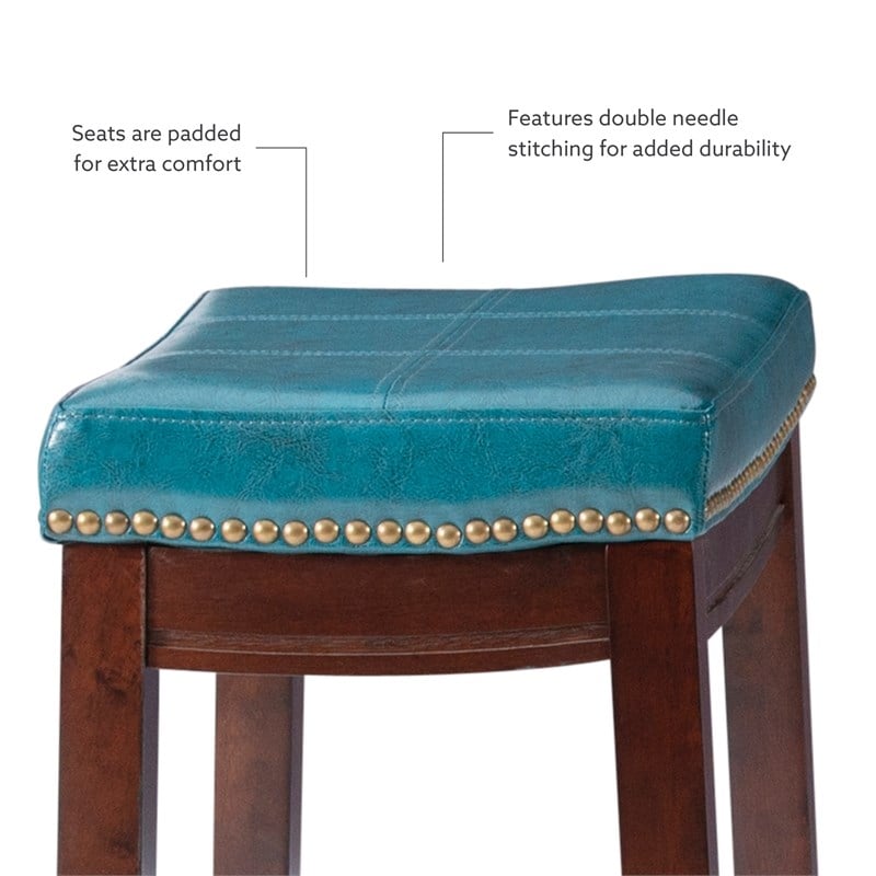 Linon Claridge Wood 3 Piece Counter Dining Set Blue Faux Leather in Brown Stain