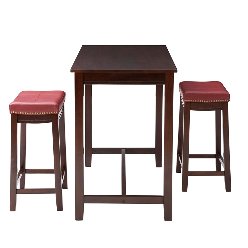 Linon Claridge 3 Piece Counter Dining Set Red Faux Leather Seats in Brown Wood