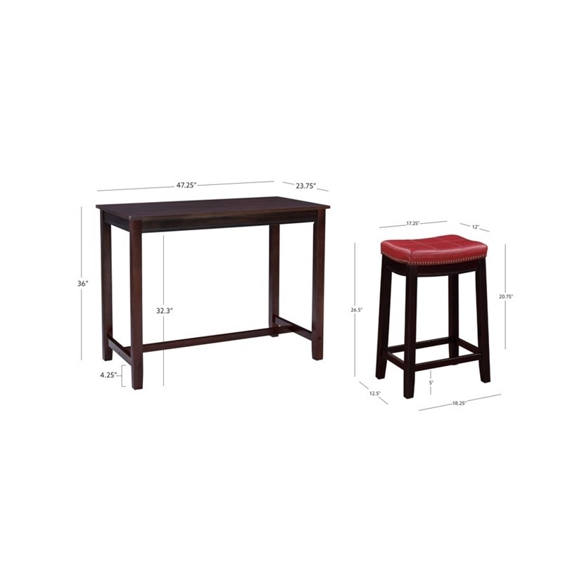 Linon Claridge 3 Piece Counter Dining Set Red Faux Leather Seats in Brown Wood