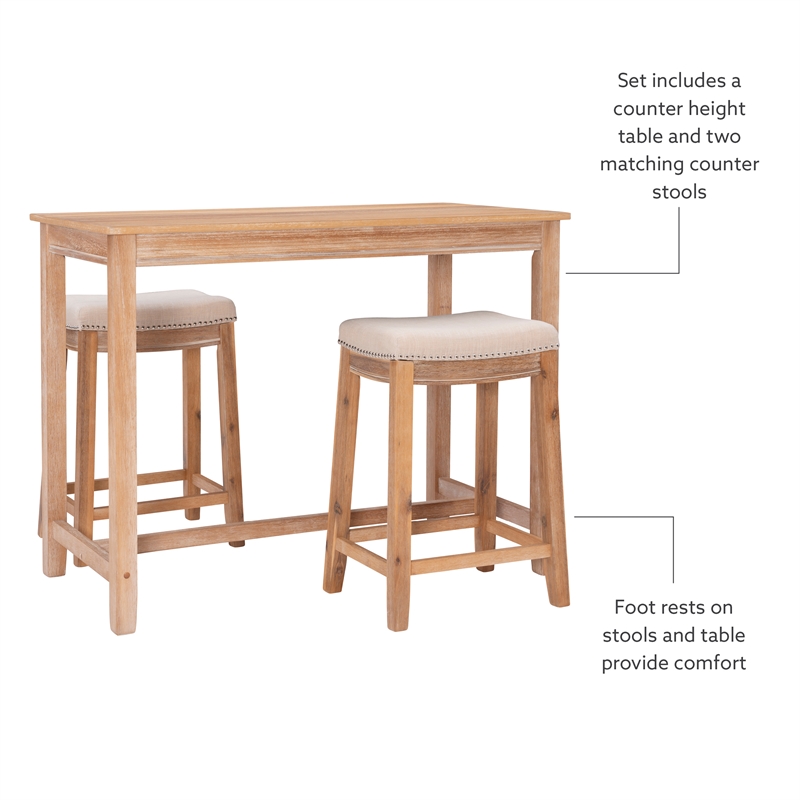 Linon Claridge Three Piece Counter Dining Set Padded Seats in Natural Brown Wood