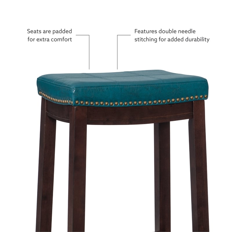 Linon Claridge 3 Pce Bar Dining Set Blue Faux Leather Seats in Brown Wood