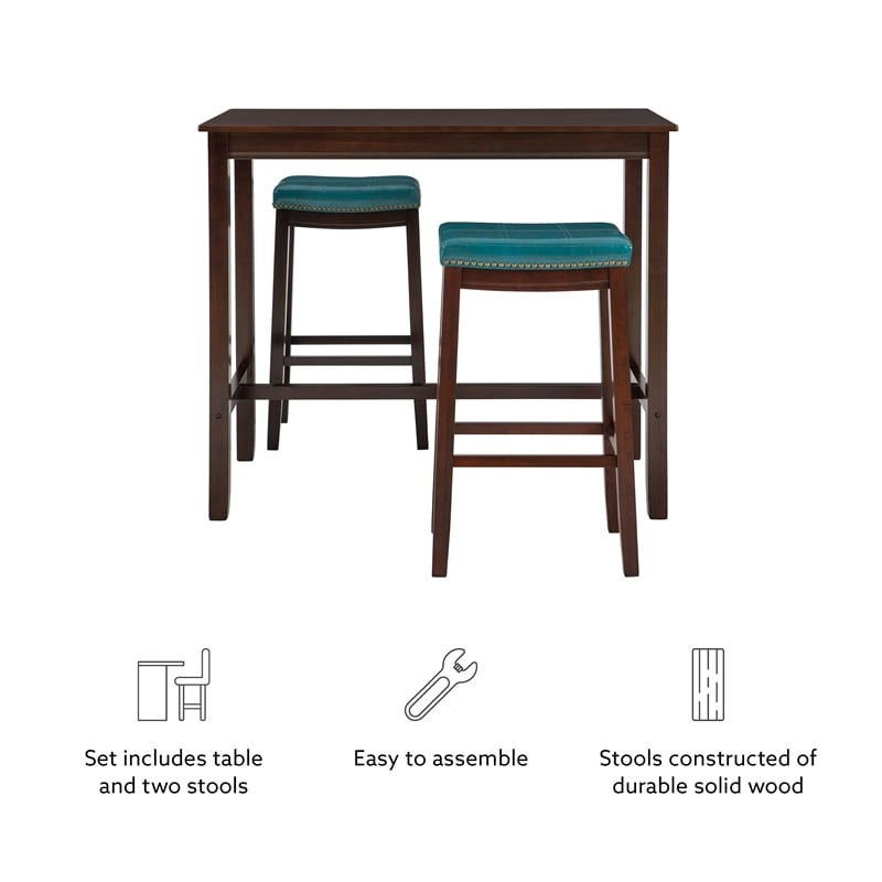 Linon Claridge 3 Pce Bar Dining Set Blue Faux Leather Seats in Brown Wood