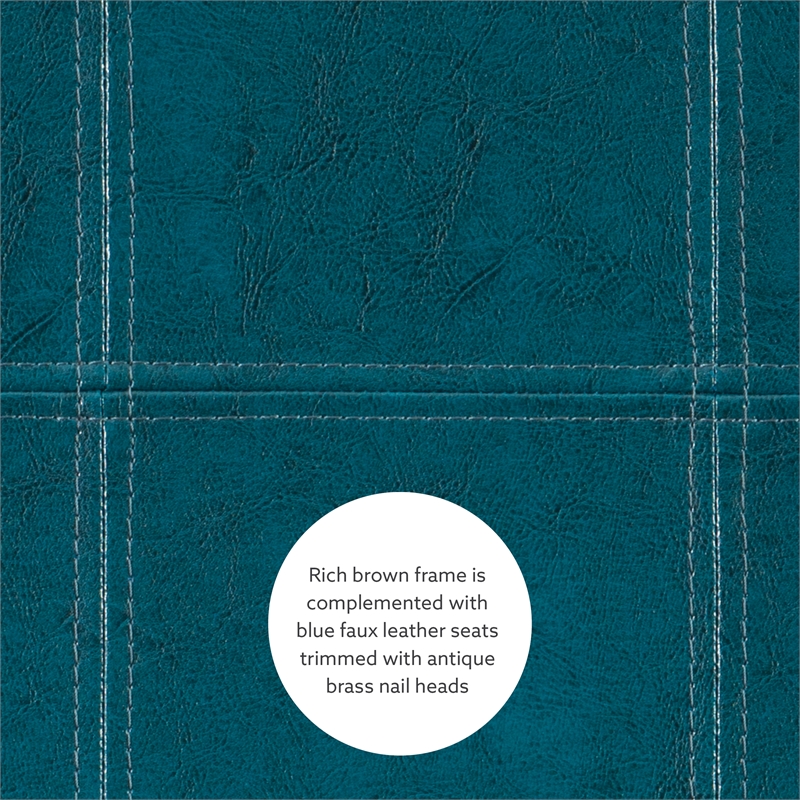 Linon Claridge 3 Pce Bar Dining Set Blue Faux Leather Seats in Brown Wood