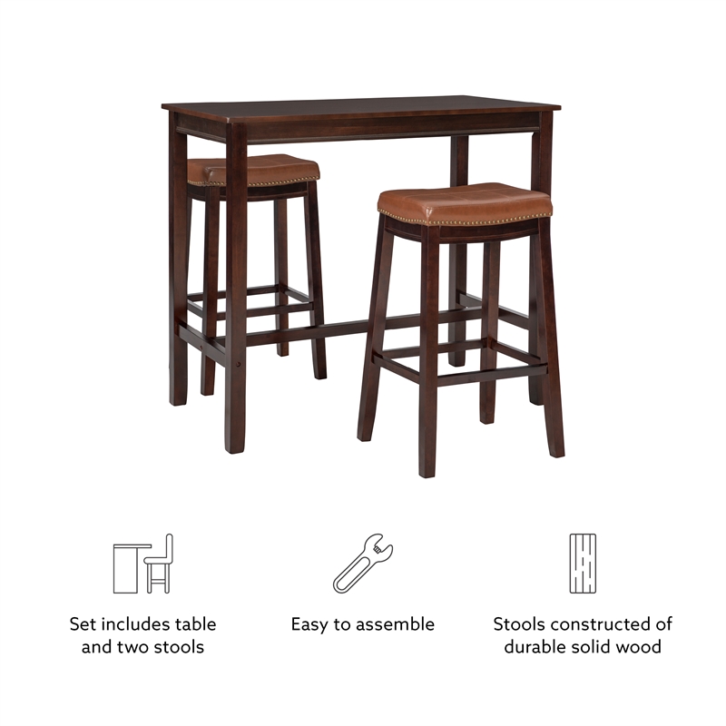 Linon Claridge Wood 3 Pce Bar Dining Set Cognac Faux Leather Seats in Brown