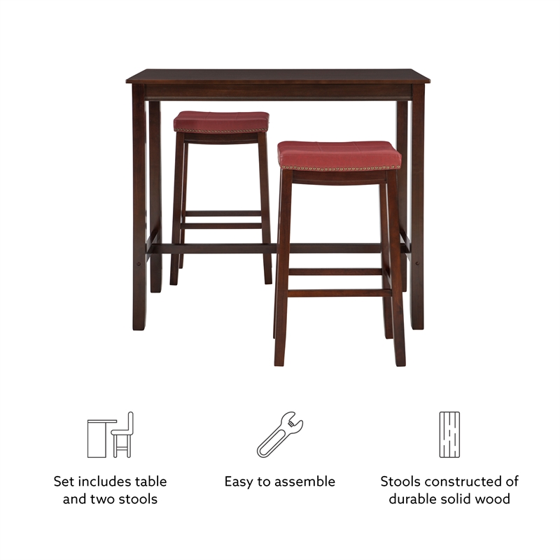 Linon Claridge Three Piece Bar Dining Set Red Faux Leather Seats in Brown Wood