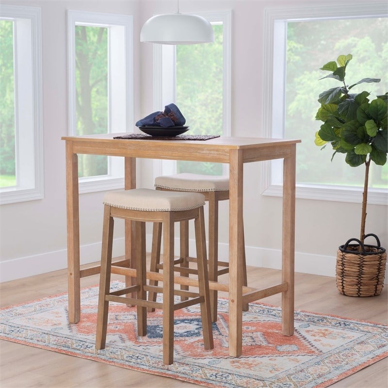 Linon Claridge Three Piece Bar Dining Set Padded Seats in Natural Brown Wood