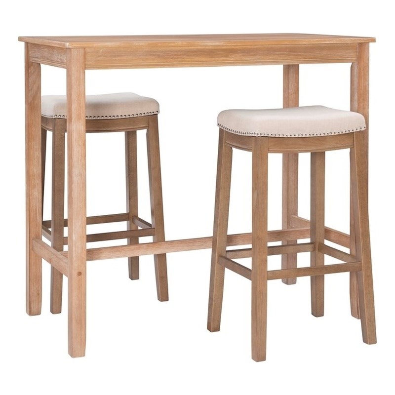 Linon Claridge Three Piece Bar Dining Set Padded Seats in Natural Brown Wood