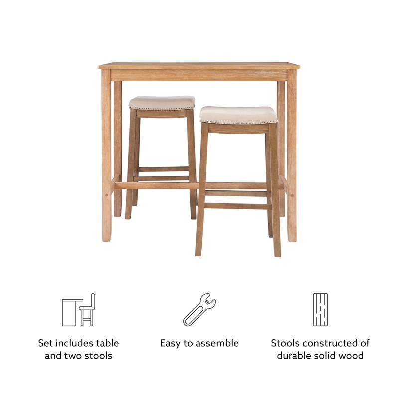 Linon Claridge Three Piece Bar Dining Set Padded Seats in Natural Brown Wood