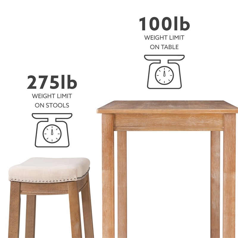 Linon Claridge Three Piece Bar Dining Set Padded Seats in Natural Brown Wood