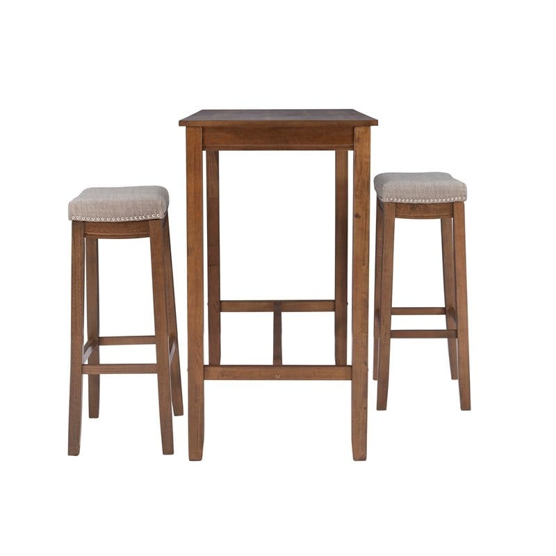 Linon Claridge Wood Three Piece Bar Dining Set Padded Seats in Rustic Brown