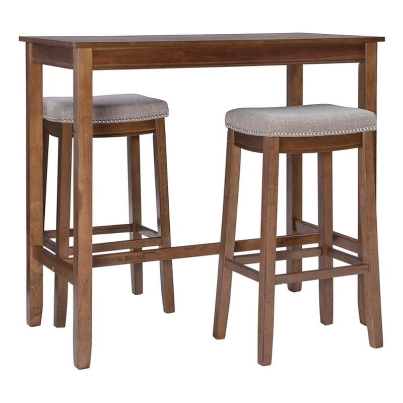 Linon Claridge Wood Three Piece Bar Dining Set Padded Seats in Rustic Brown