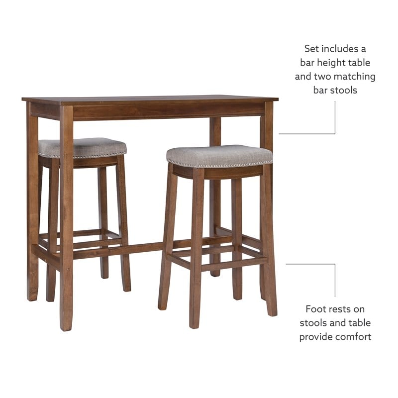 Linon Claridge Wood Three Piece Bar Dining Set Padded Seats in Rustic Brown