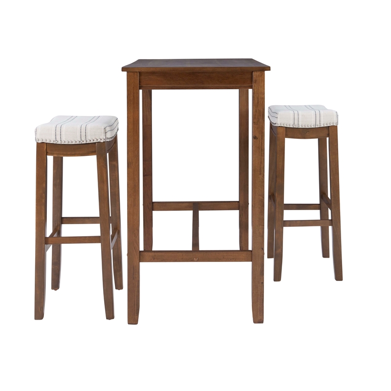 Linon Claridge Wood 3 Piece Bar Dining Set Striped Fabric Seats in Rustic Brown