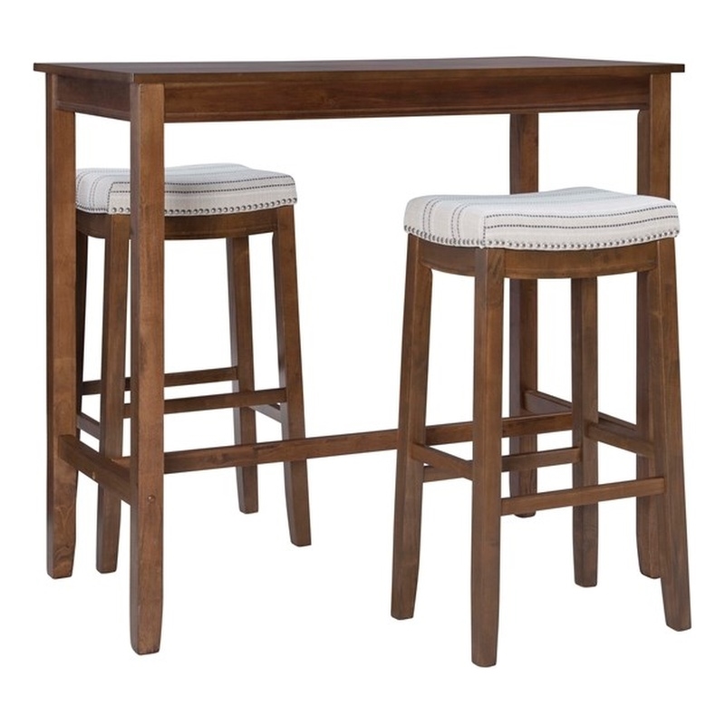 Linon Claridge Wood 3 Piece Bar Dining Set Striped Fabric Seats in Rustic Brown