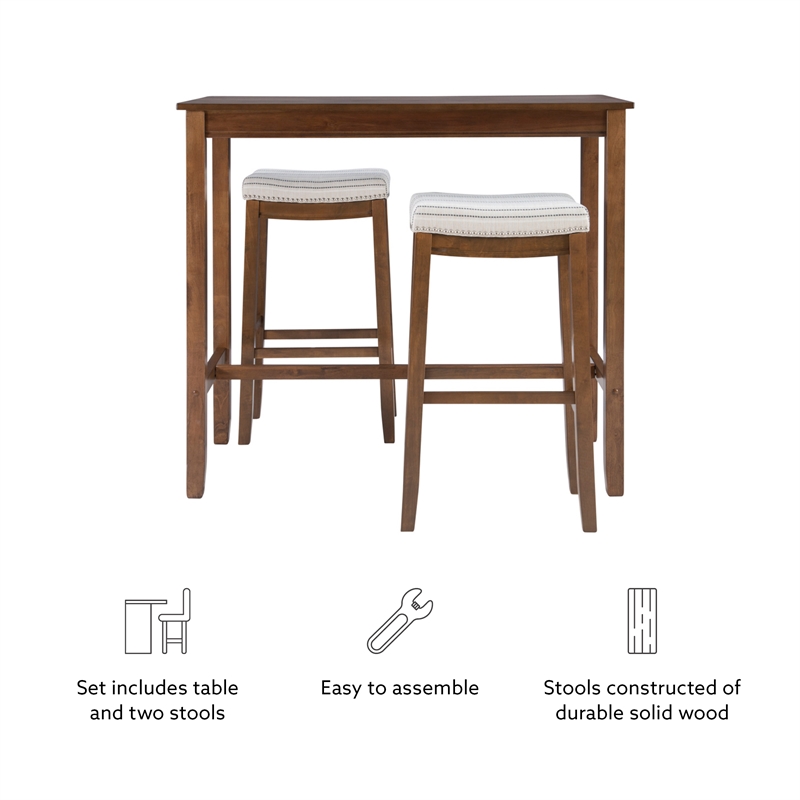 Linon Claridge Wood 3 Piece Bar Dining Set Striped Fabric Seats in Rustic Brown