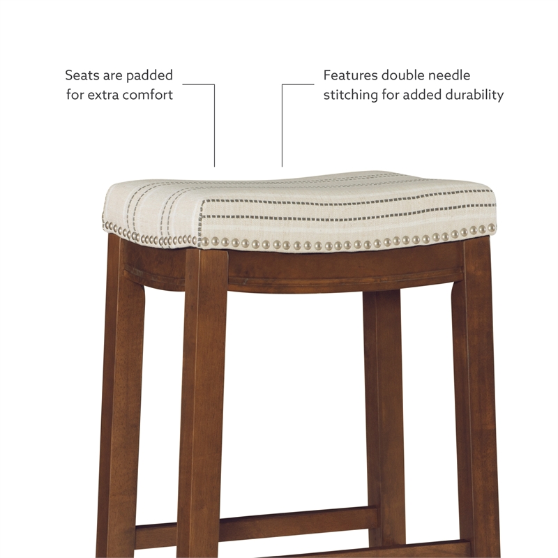 Linon Claridge Wood 3 Piece Bar Dining Set Striped Fabric Seats in Rustic Brown